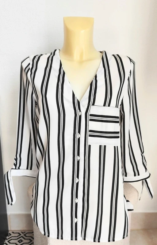 Jolie chemise asymétrique rayée fluide noire et blanche à nœuds T36/38 - Jennyfe